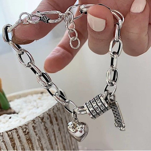 Sterling Silver Heart Live Forever Scroll Calendar Chain Link Bracelet - Picture 3 of 6